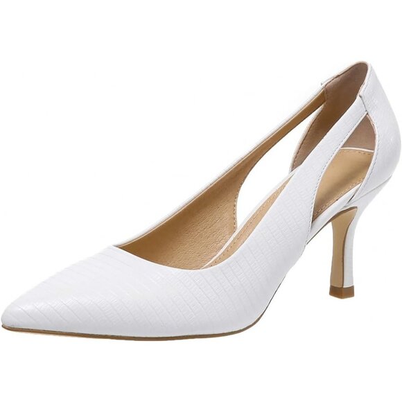 Women's White Faux Leather Pumps Pointed Closed Toe Kitten Heel Pump Shoes - Picture 1 of 4